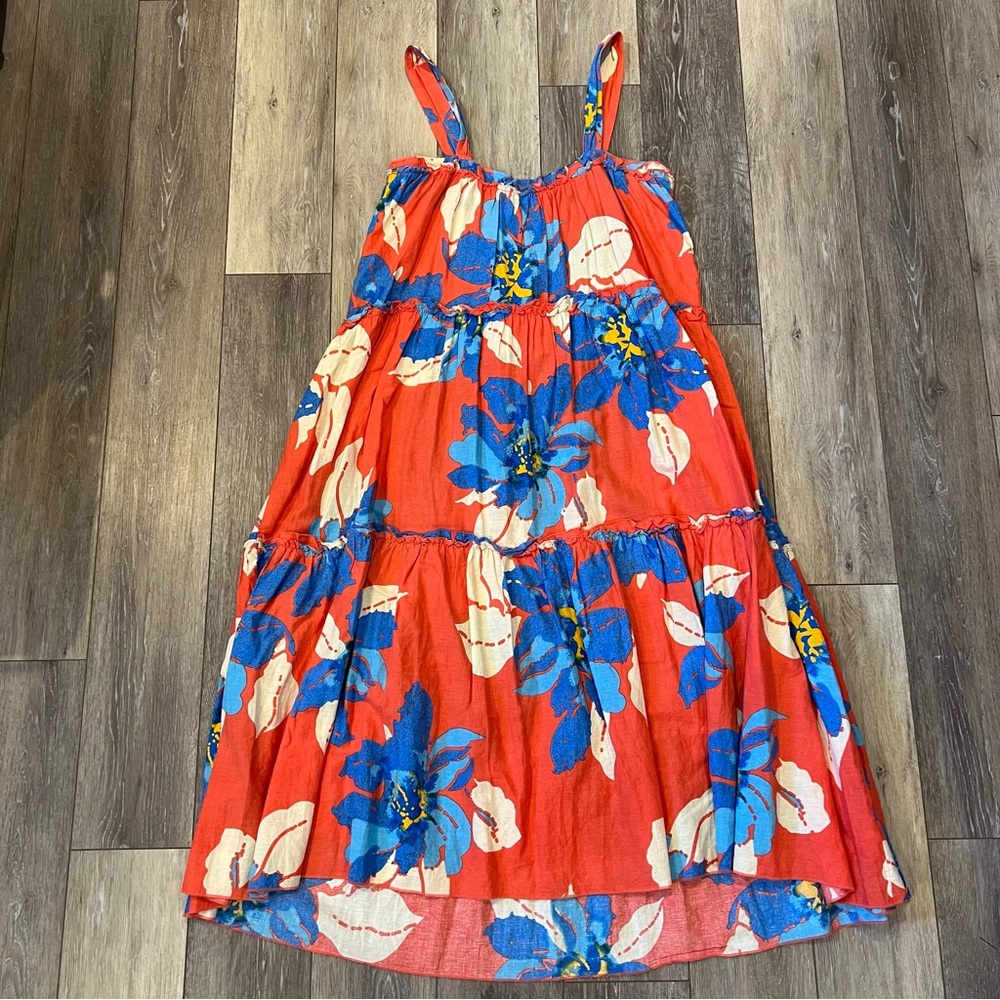 Free People Moonshine Midi Linen Blend Orange Combo Sundress 🧡
